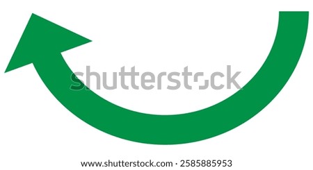 Simple long green curved arrow icon pointing up. Business, sales, economic concept, growing chart. Counterclockwise direction pointer. Green curved, arch arrow vector on white background.
