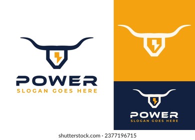 Simple Long Horn Buffalo Bull Bison with Electric Thunder Logo Design Branding Template