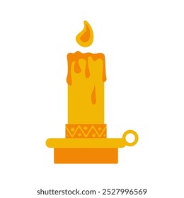 simple long wax candle burns in the candlestick