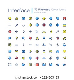 Simple looking interface editable pixel color ui icons set. Navigation. Retro style design for arcade, video game art. Vector isolated 8bit graphic elements collection. Montserrat Light font used
