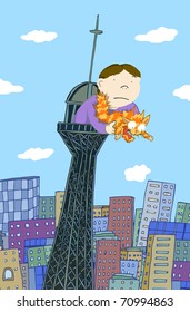 a simple looking man is holding a yellow cat at the top of the tower