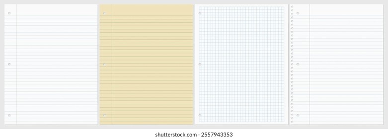 A simple loose-leaf paper set, graph paper, grid, lined paper, ruled, filler paper , three-hole punched   