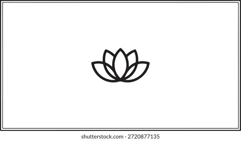 Simple lotus flower illustration is centered within a rectangular frame on a white background symbolizing peace and serenity.