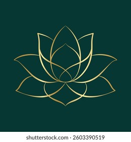 Simple lotus flower line drawing gold on green background. Lotus Blossom Symbol Icon. Logo