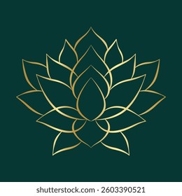 Simple lotus flower line drawing gold on green background. Lotus Blossom Symbol Icon. Logo
