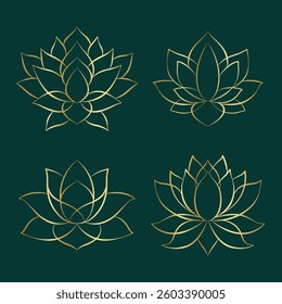 Simple lotus flower set line drawing gold on green background. Lotus Blossom collection Symbol Icon. Logo