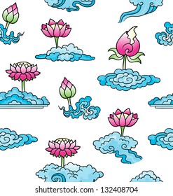 Simple lotus flowers and clouds on seamless background
