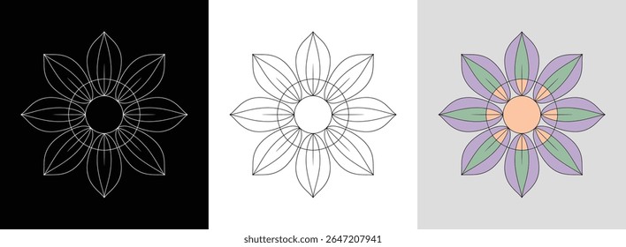 Mandala simples inspirada em lótus com contornos limpos e formas arrojadas para uma decoração serena.