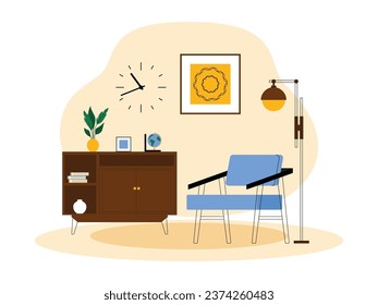 Simple lounge interior for personal activities, minimalist furniture with modern ornaments, vector illustration.