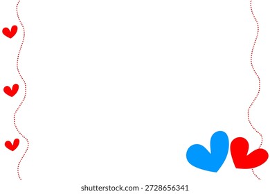 Fondo de amor simple con corazones rojos y azules. Marco de frontera romántico con líneas discontinuas y corazones de pareja. Plantilla de tarjeta de felicitación de San Valentín con espacio de copia