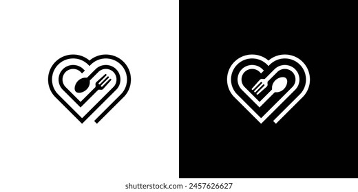 Simple Love Food Logo. Love, Spoon and Fork with Lineart Outline Style. Healthy Food Logo Icon Symbol Vector Design Inspiration.