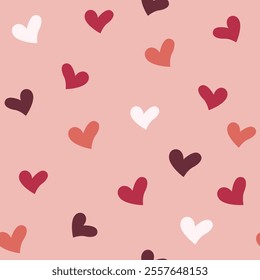 Simple love heart seamless pattern illustration. Cute romantic pink hearts background print. Valentine's day holiday backdrop texture, romantic wedding design. Vector illustration