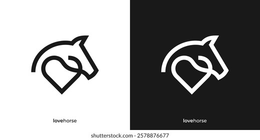 Simple Love Horse Logo. Horse Head and Love Shape Graphic Icons. Horse Care Logo Design Template.