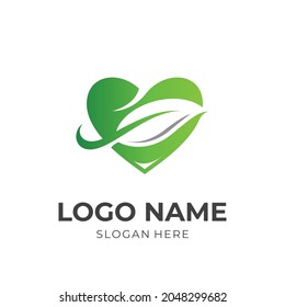 simple love and leaf logo design template concept vector with flat green color style