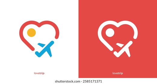 Simple Love Trip Logo. Heart Love Shape and Airplane Graphic Icons. Love Traveling Logo Design Template.