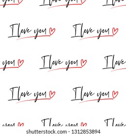 Simple I love you hand drawn black line seamless pattern on white background with red heart. Doodle brush, pen, marker illustration.