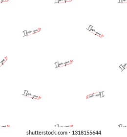 Simple I love you hand drawn black line seamless pattern on white background with red heart. Doodle brush, pen, marker illustration.