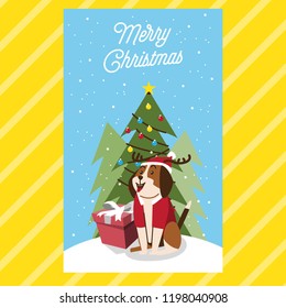 Simple lovely Christmas illustration with beagle dressed as deer cartoon, Christmas greeting card