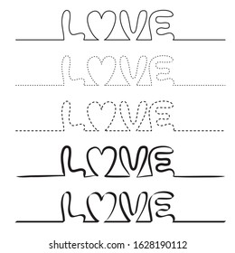 Simple love-shaped lines. Line art on the theme of love, weddings and love word on a white background. Dotted outline of the letters.