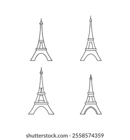 simple low details eiffel tower line art vector set silhouette