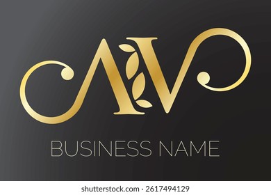 Simple Luxurious Gold AV, AN, or NA initial letter incorporated leaf ornament icon design template suit for your Brand Identity. Beauty business, spa, yoga, cosmetic product, etc