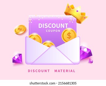 Simple and luxurious purple envelope sale coupon template with gemstones, coins, crown decoration