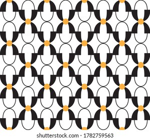 Simple luxurious repeating pattern on a white background of thick and thin black curves looped together with orange dots, geometric vector illustration