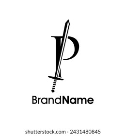 Diseño de logotipo de ilustración simple, lujoso y elegante P inicial se combina con espada. Logo puede utilizar para su cualquier empresa y hacer que su empresa se ve elegante.