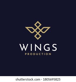 Simple luxury gold wings bird logo design, elegant golden initial letter W crown