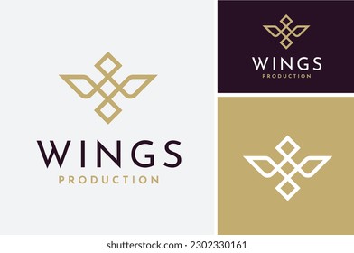 Simple luxury gold wings bird logo design, elegant golden initial letter W crown