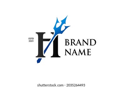 Diseño inicial del logotipo de la ilustración de lujo simple Tridente azul H