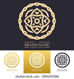Diseño de logotipo de flores redondeadas de lujo sencillo en color dorado con un concepto de diseño lineal o de línea de arte mandala. Modelo de ilustración vectorial para hotel, Spa, Restaurante, VIP, Fashion e identidad de marca Premium.