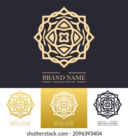 Diseño de logotipo de flores redondeadas de lujo sencillo en color dorado con un concepto de diseño lineal o de línea de arte mandala. Modelo de ilustración vectorial para hotel, Spa, Restaurante, VIP, Fashion e identidad de marca Premium.