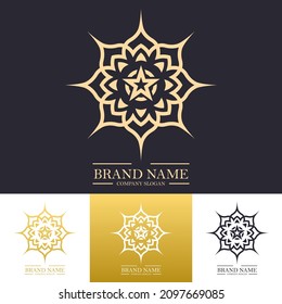 Einfaches Design mit rundem, luxuriösem Logo in goldener Farbe mit trendigem Linear- oder Line Art Mandala Konzept. Vektorgrafik-Vorlage für die Markenidentität von Hotel, Spa, Restaurant, VIP, Mode und Premium.
