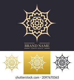 Simple luxury round flower logo design in gold color with trendy linear or line art mandala concept. Vector illustration template for hotel, Spa, Restaurant, VIP, Fashion and Premium brand identity.