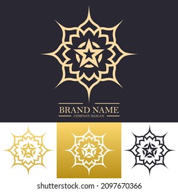 Simple luxury round flower logo design in gold color with trendy linear or line art mandala concept. Vector illustration template for hotel, Spa, Restaurant, VIP, Fashion and Premium brand identity.