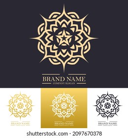 Simple luxury round flower logo design in gold color with trendy linear or line art mandala concept. Vector illustration template for hotel, Spa, Restaurant, VIP, Fashion and Premium brand identity.