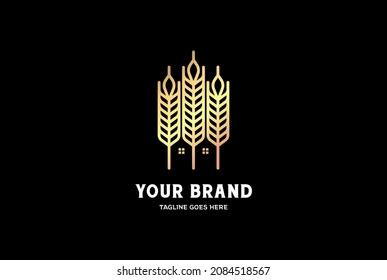 Simple Luxury Wheat Grain Rice House for Brewery Bakery or Farm Logo Design Vector