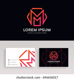 Simple M letter hexagon sign linear logo vector design.