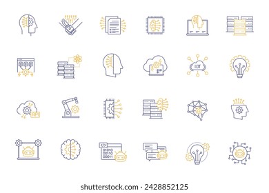 Simple Machine Learning Editable Icon Set, brain, head, big data, AI, robotic arm, innovation, Technology hand.