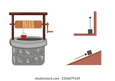 Simple machines physics vectors. Educational book, school book vector illustrations
