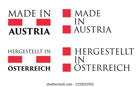 Simple Made in Austria / Hergestellt in Osterreich (german translation) label. Text with national colors arranged horizontal and vertical.