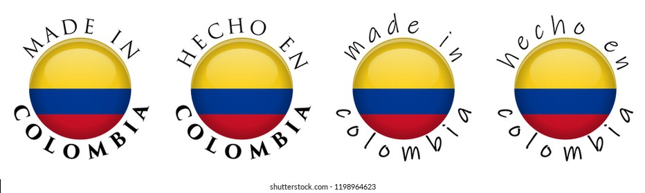 Simple Made in Colombia / Spanish  translation 3D button sign. Text around circle with Colombian flag. Decent and casual font version.