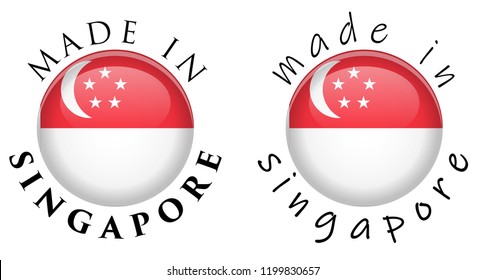 Simple Made in Singapore 3D button sign. Text around circle with national flag. Decent and casual font version.