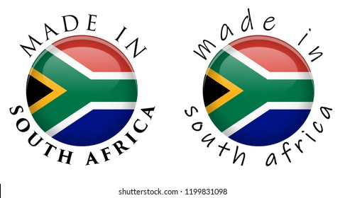 Simple Made in South Africa button sign. Text around circle with national flag. Decent and casual font version.