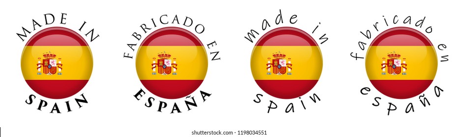 Simple Made in Spain/ Fabricado en Espana (Spanish translation) 3D button sign. Text around circle with national flag. Decent and casual font version.