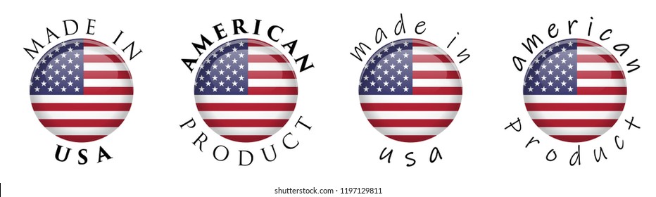 Simple Made In USA / American Product 3D Button Sign. Text Around Circle With US Flag. Decent And Casual Font Version.