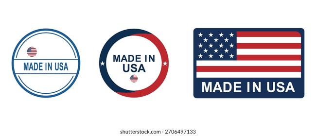 Simple Made in USA badge and label logo set with round and rectangular designs. Clean vector illustration for products, branding, and packaging use.