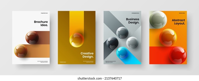 Simple portada de revista de diseño A4 colección de concepto vectorial. Composición de diseño de bolas 3D brillante para bolas.