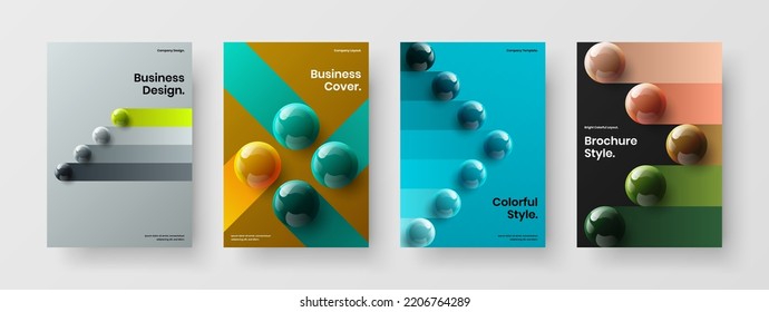 Simple magazine cover A4 design vector concept collection. Trendy 3D spheres postcard layout set.